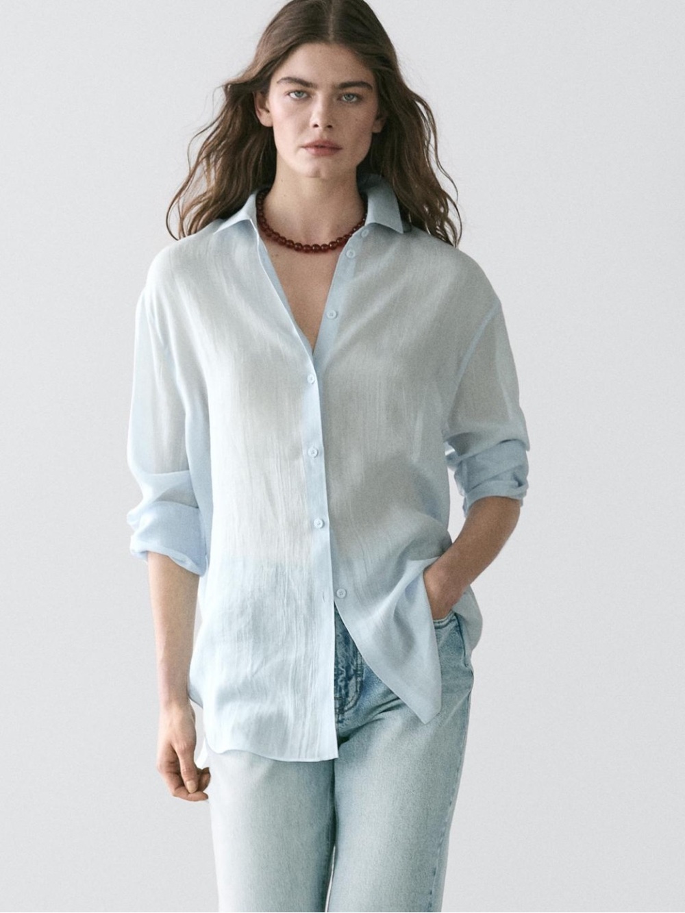 Massimo Dutti Flowing Shirt With Shirt Collar Sky Blue Ramie blend S